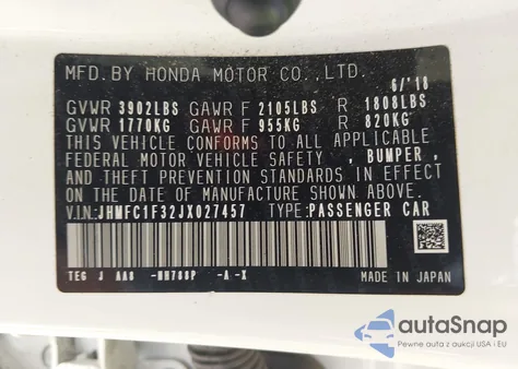2018 Honda Civic Ex-T from USA, damaged, VIN JHMFC1F32JX027457